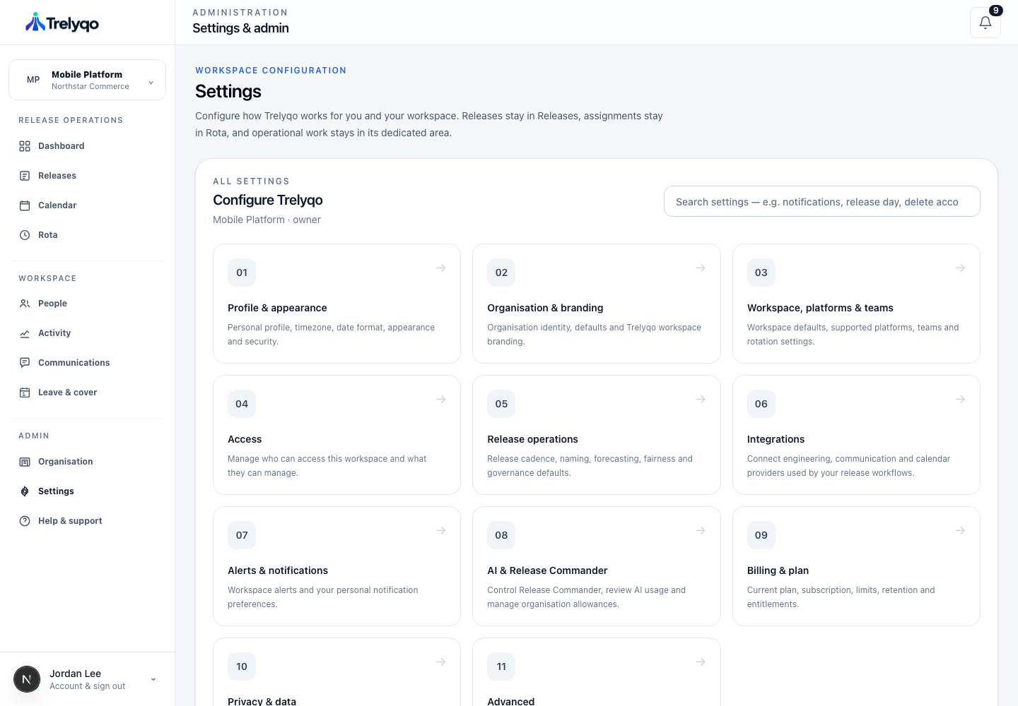 Trelyqo settings and workspace controls